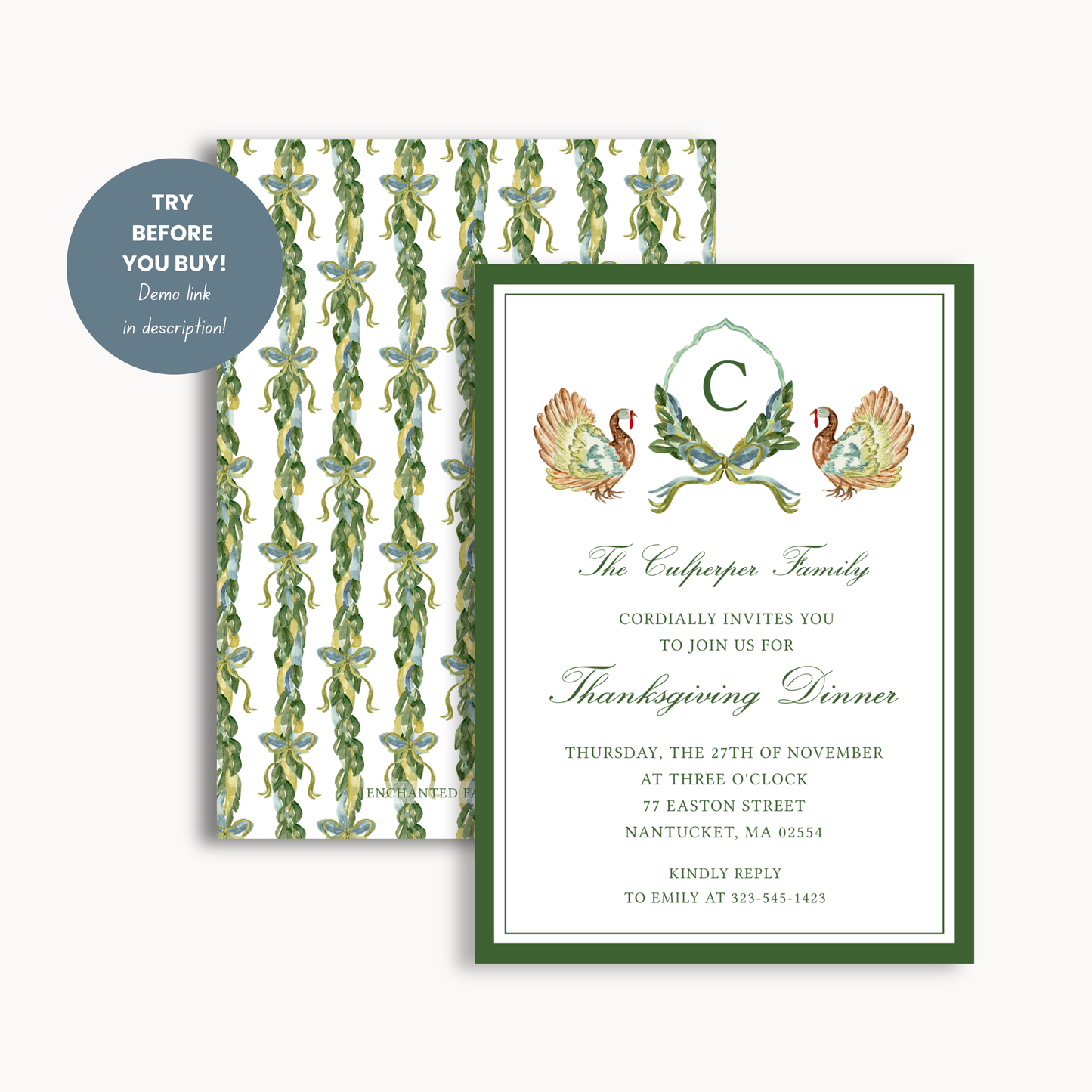 Thanksgiving Dinner Invitation – Elegant Turkeys & Laurel Design 5x7"
