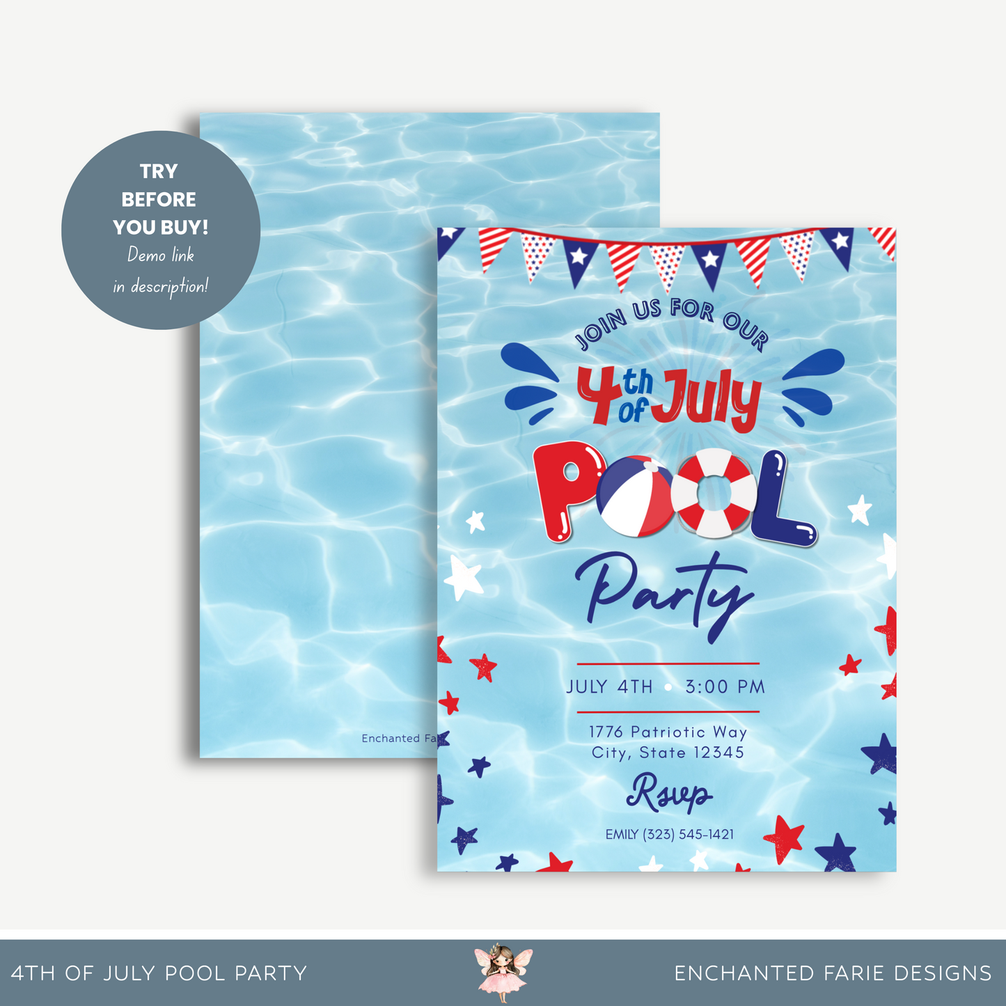 4th of July Pool Party Invitation | Editable Patriotic Summer Invite | Red, White & Blue Celebration