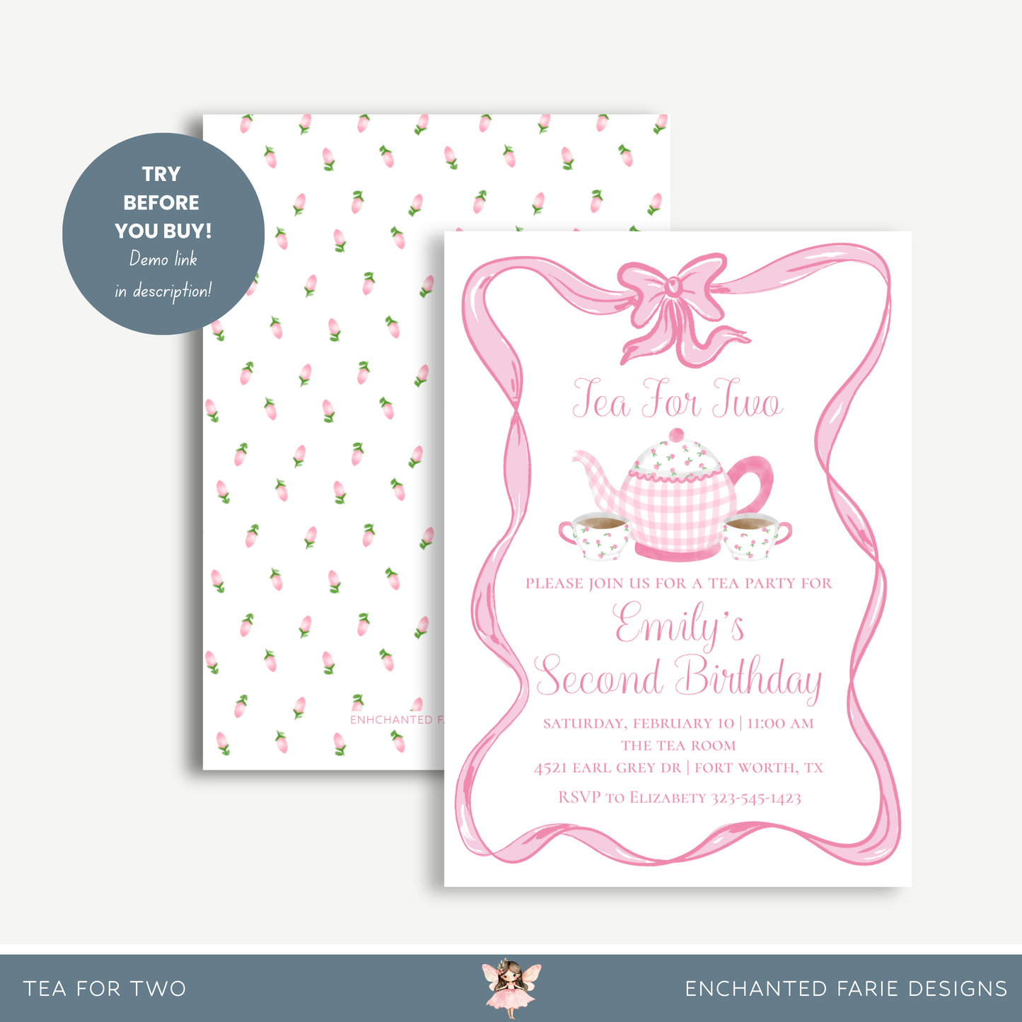 Tea for Two Birthday Invitation – Pink Gingham Teapot Party Invite