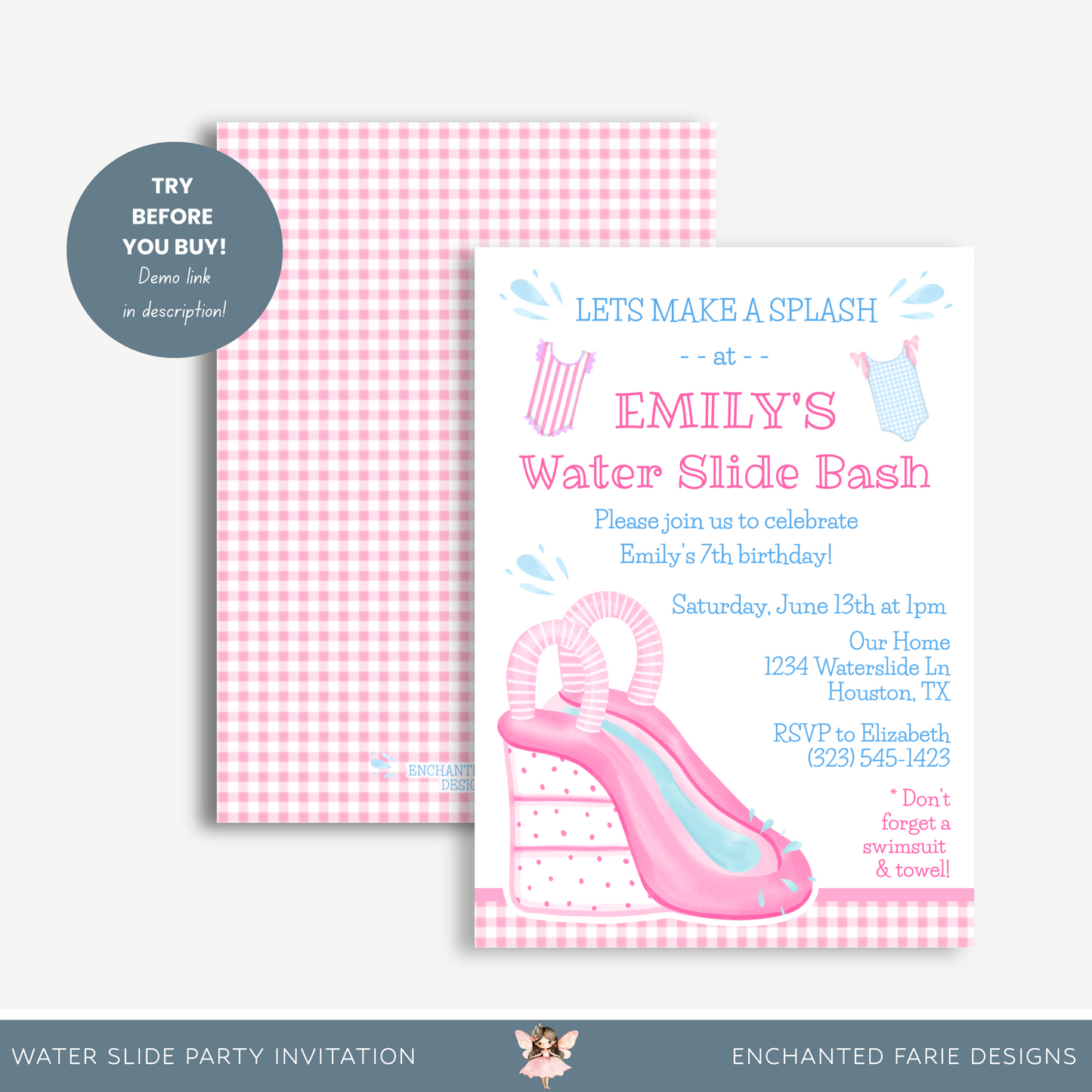 Pink Water Slide Birthday Invitation – Girls’ Summer Pool Party Printable