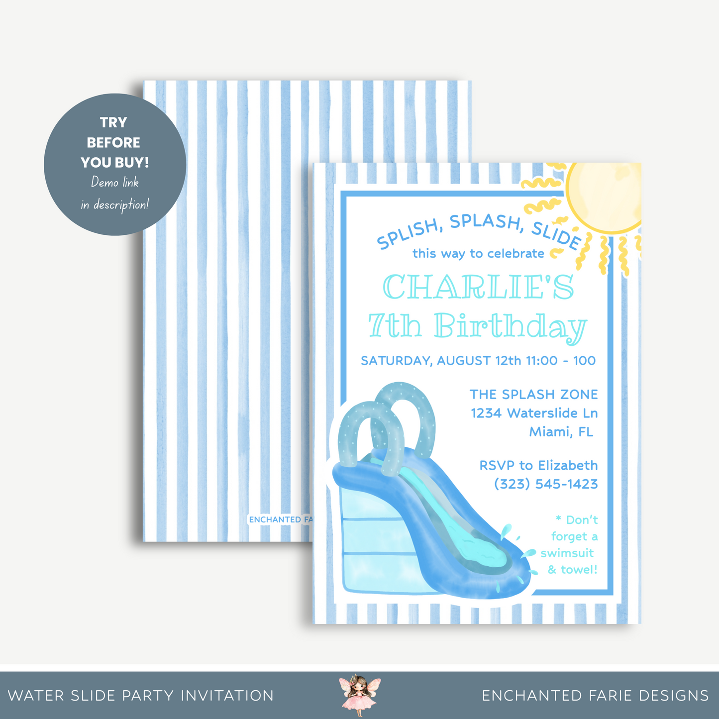 Water Slide Birthday Invitation 5x7