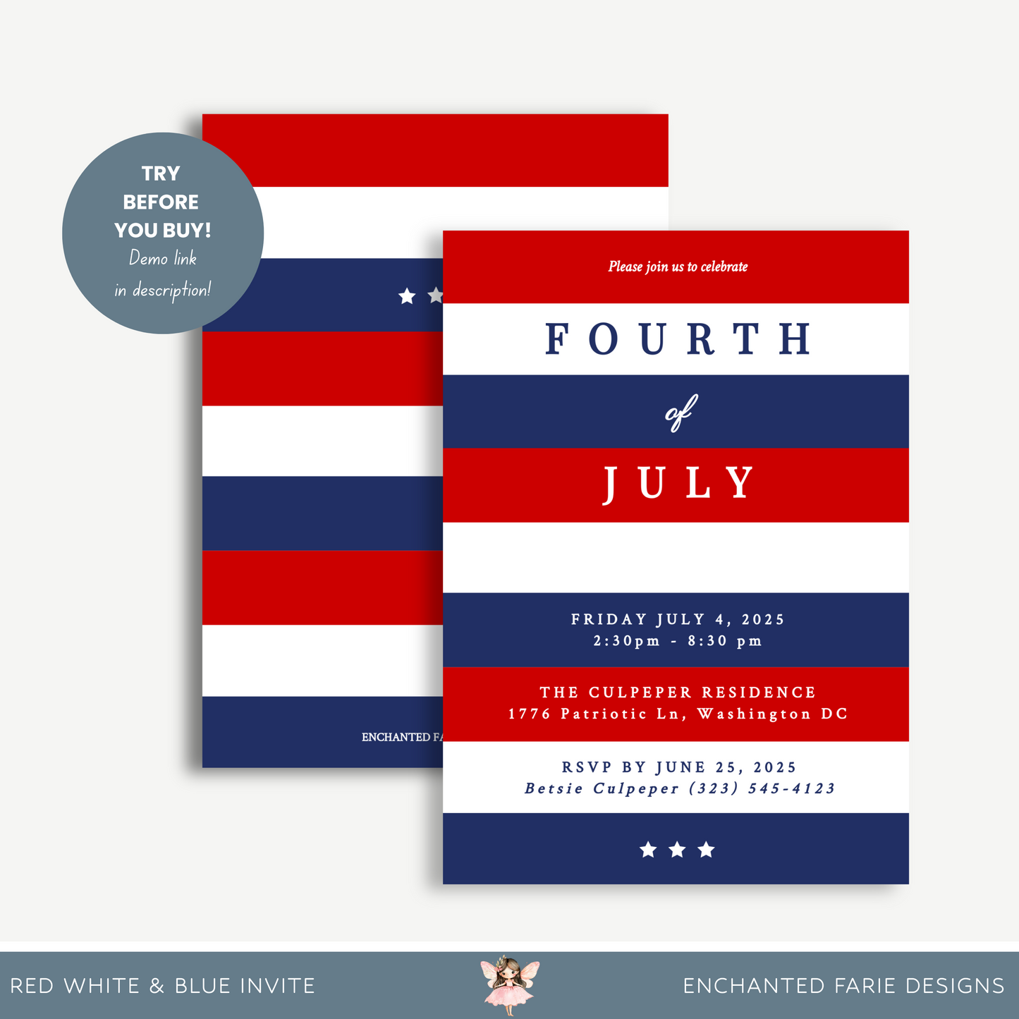 Classic 4th of July Invitation – Red, White & Blue Printable