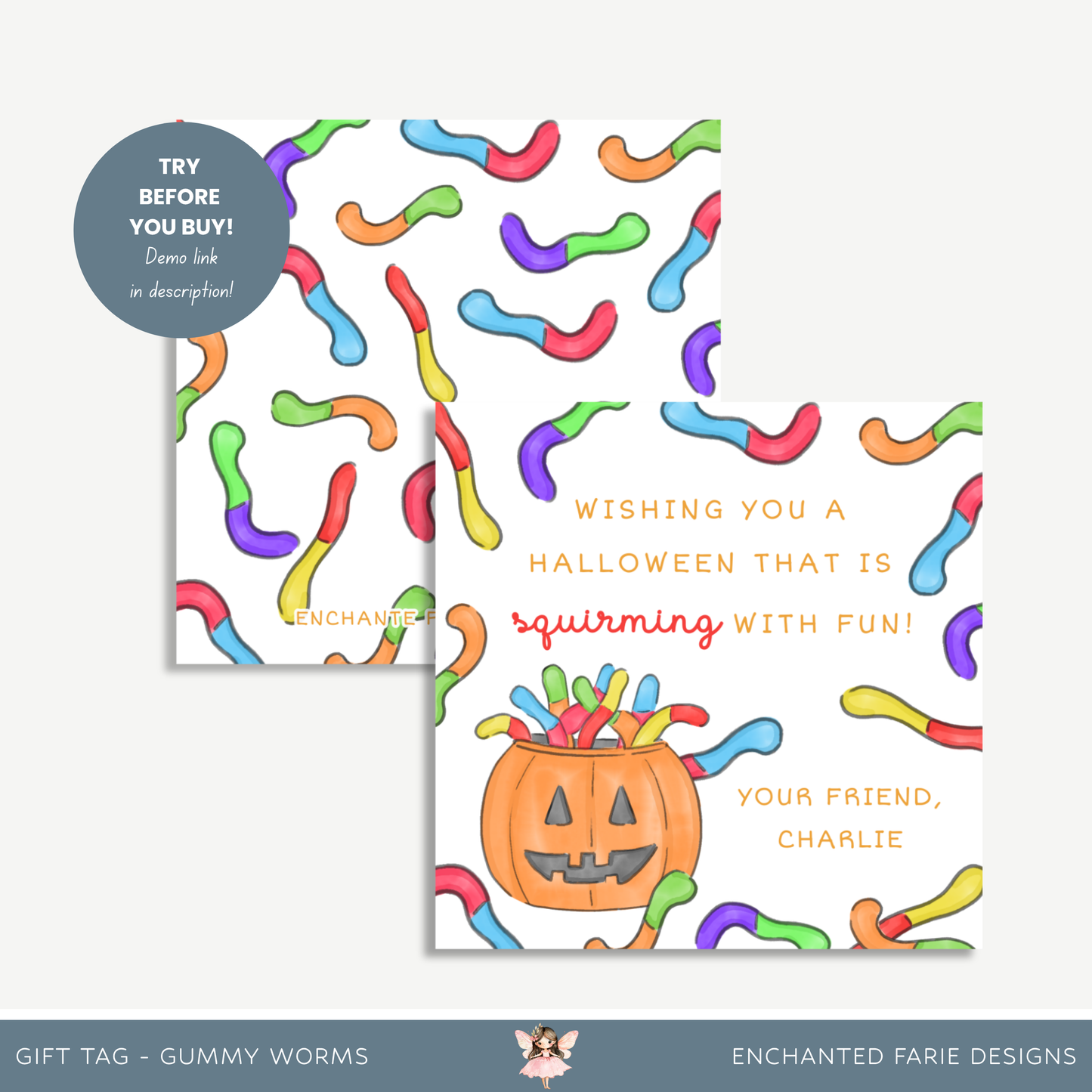 Halloween “Squirming with Fun” Gift Tag | Gummy Worm Treat Tag | Kids Halloween Favor