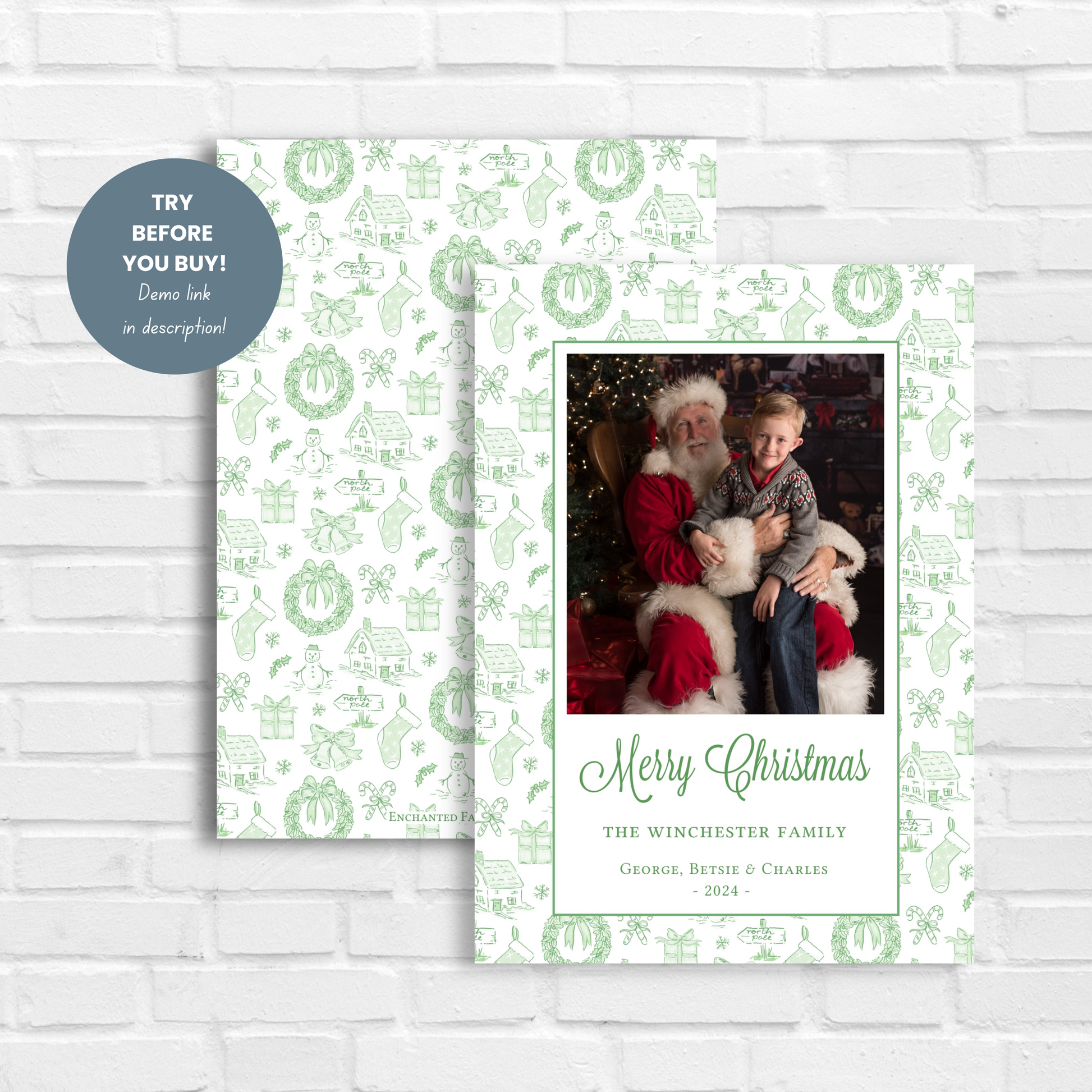 Christmas Green Toile Photo Card