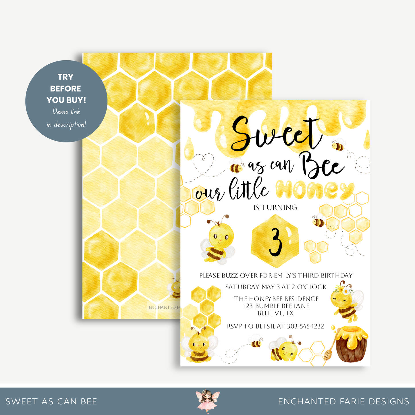 Sweet As Can Bee Birthday Invitation – Editable Bumble Bee Party Invite
