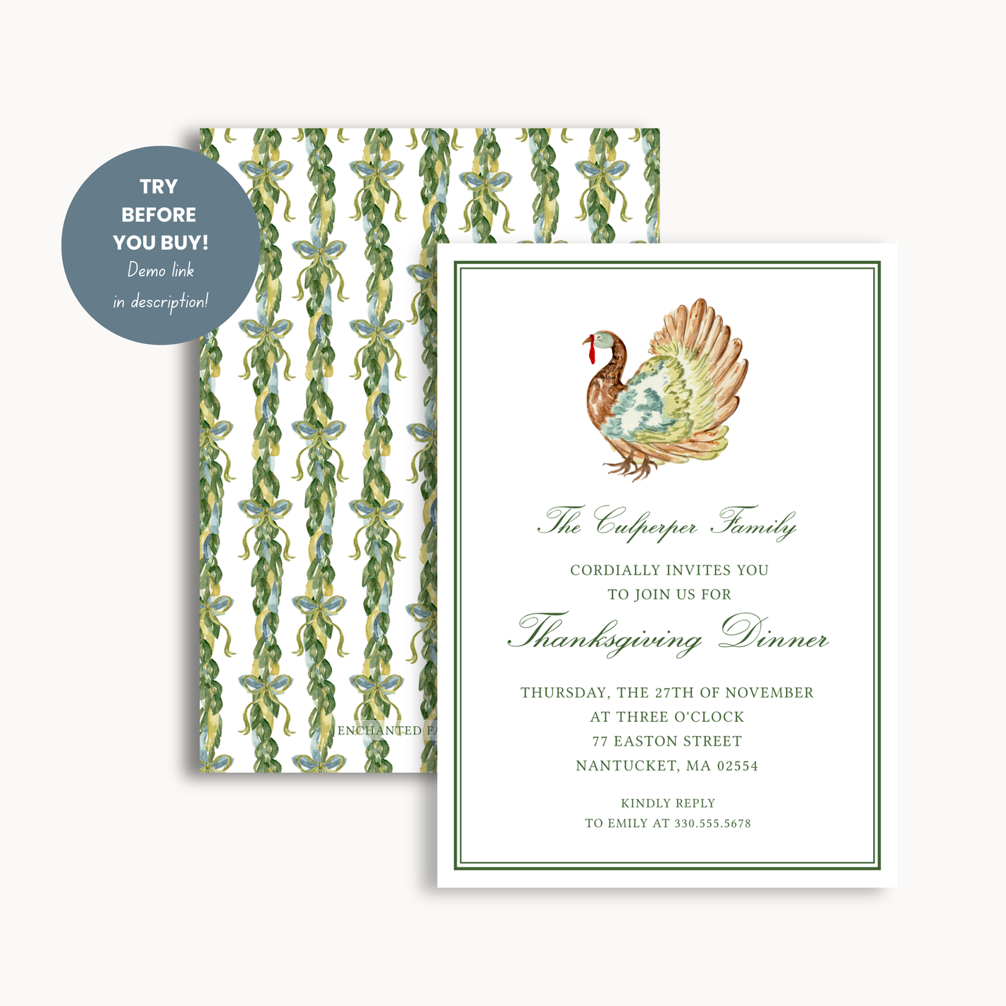 Thanksgiving Dinner Invitation | Elegant Green & Gold Turkey Design | Printable Fall Invite