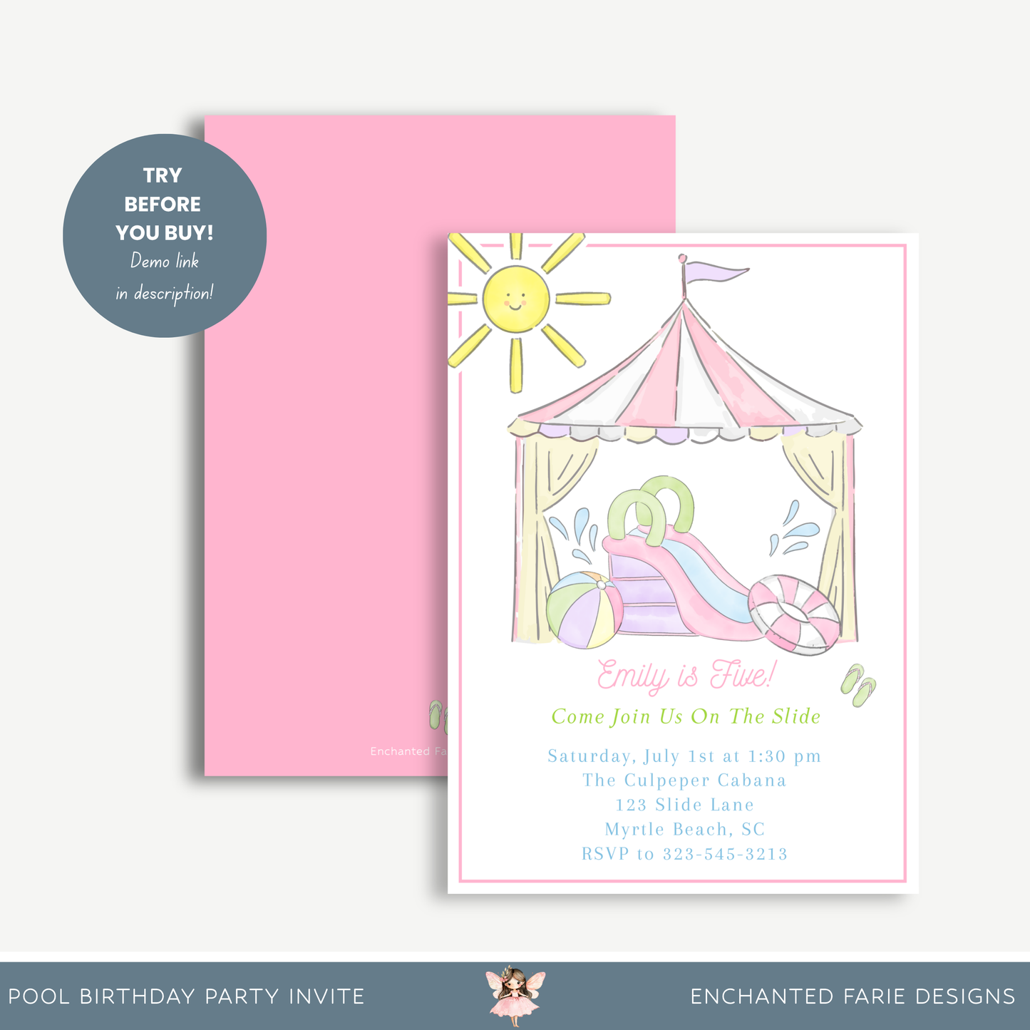 Pool Birthday Party Invitation – 5x7 Water Slide Invite