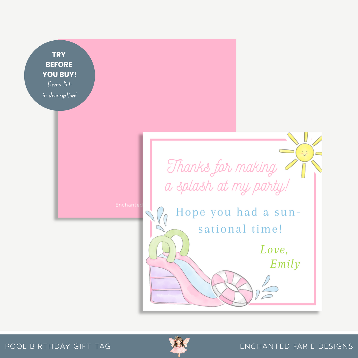 Pool Birthday Party Gift Favor 3x3"