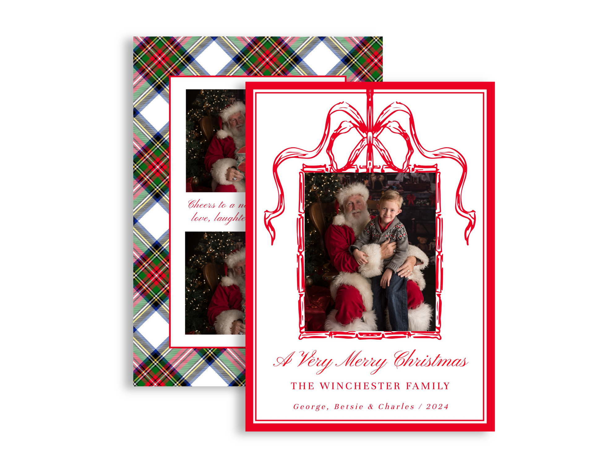 Red Bow Tartan Plaid Photo Christmas Card