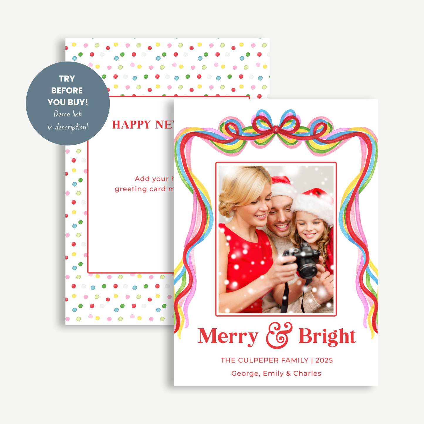 Merry & Bright Christmas Photo Card – Confetti Ribbon Edition
