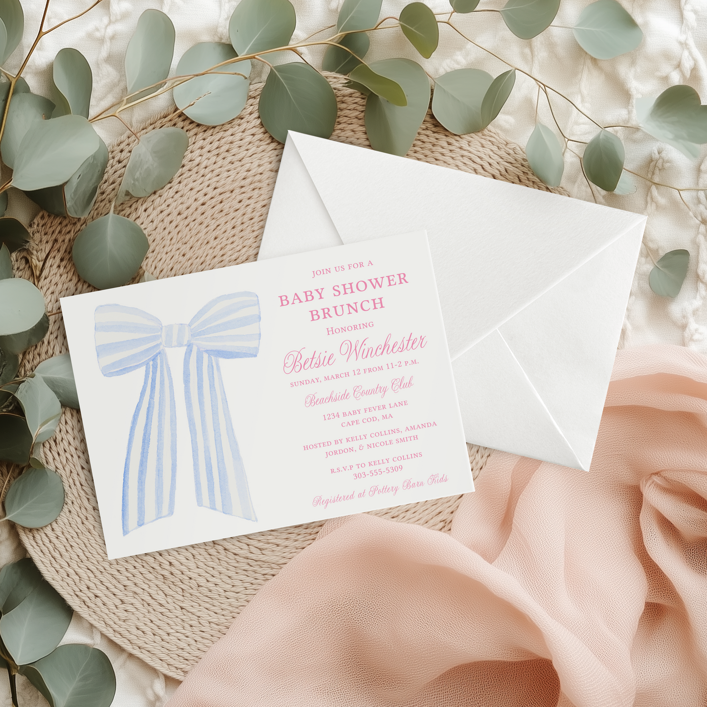 Baby Shower Invitation Large Blue Gingham Bow