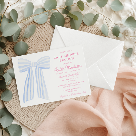 Baby Shower Invitation Large Blue Gingham Bow